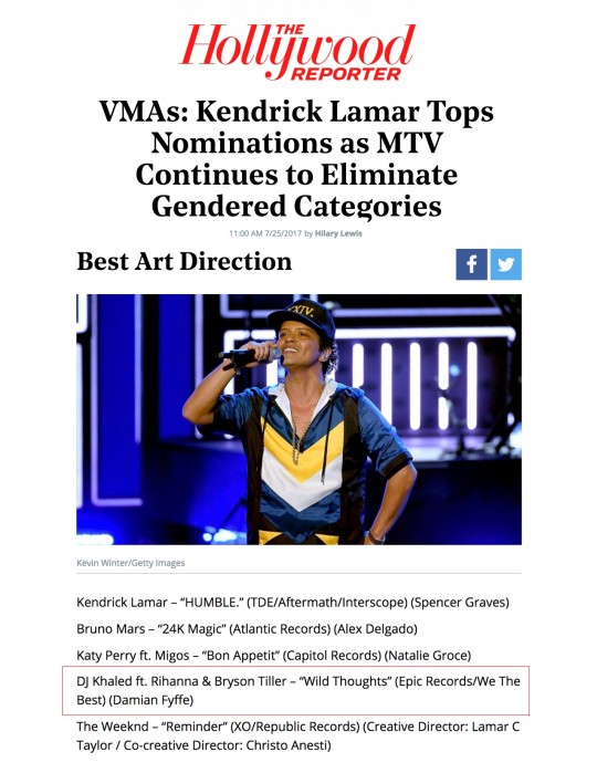 7.25.17 – Hollywood Reporter – VMAs: Kendrick Lamar Tops Nominations as MTV Continues to Eliminate Gendered Categories