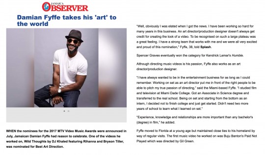 12.15.17 – Jamaica Observer – Damian Fyffe takes his ‘art’ to the world