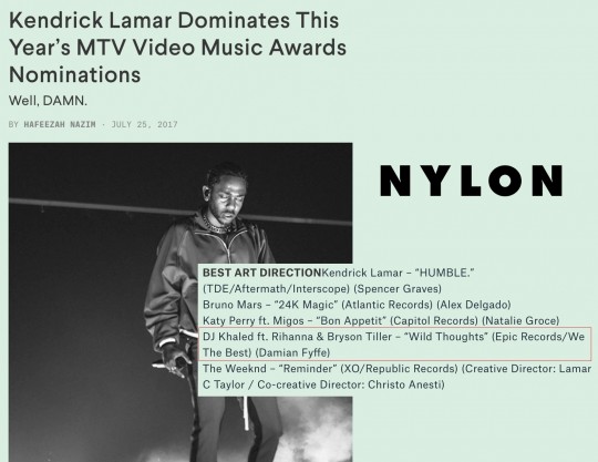 7.25.17 – NYLON – Kendrick Lamar Dominates This Year’s MTV Video Music Awards Nominations