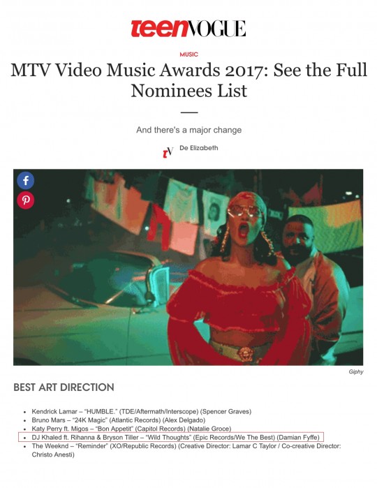 7.25.17 – Teen Vogue – MTV Video Music Awards 2017: See the Full Nominees List