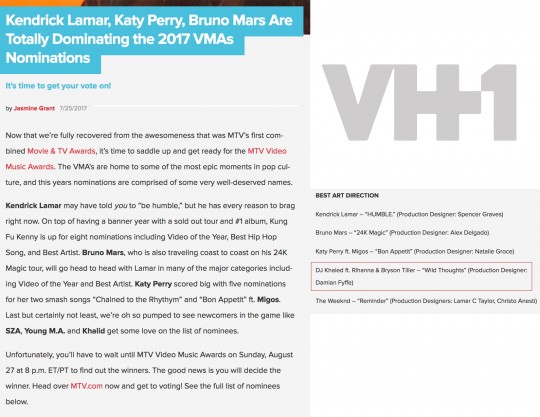 7.25.17 – VH1 – Kendrick Lamar, Katy Perry, Bruno Mars are Totally Dominating the 2017 VMAs Nominations